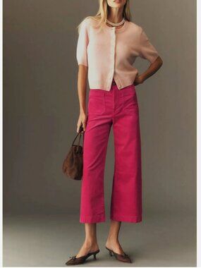 Anthropologie Maeve The Colette Corduroy Crop Wide-Leg Pants Hot Fushia 28 NWT